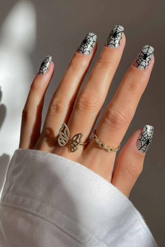Glittery Spider Web Nails
