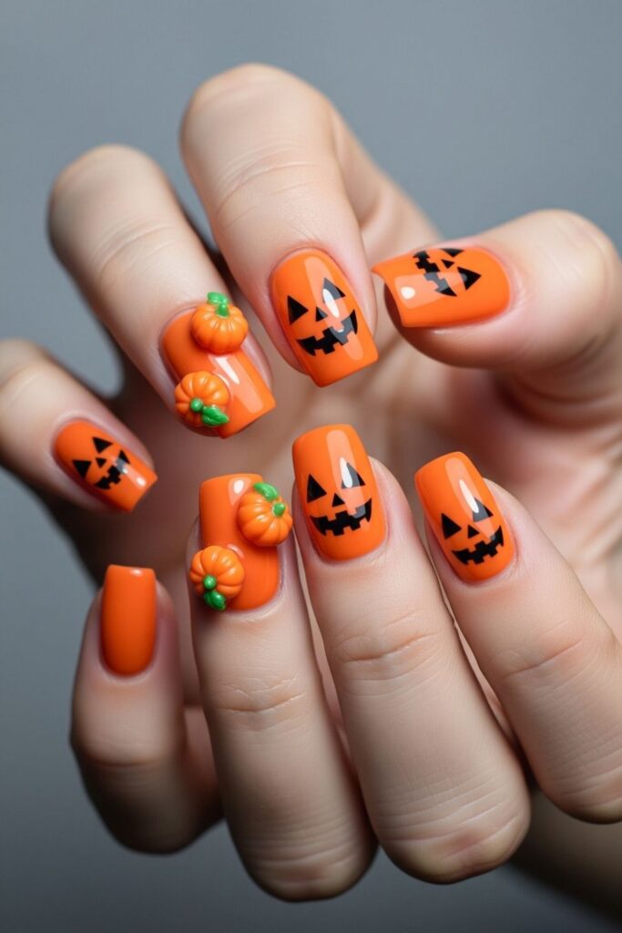 Pumpkin Face Accent Nails