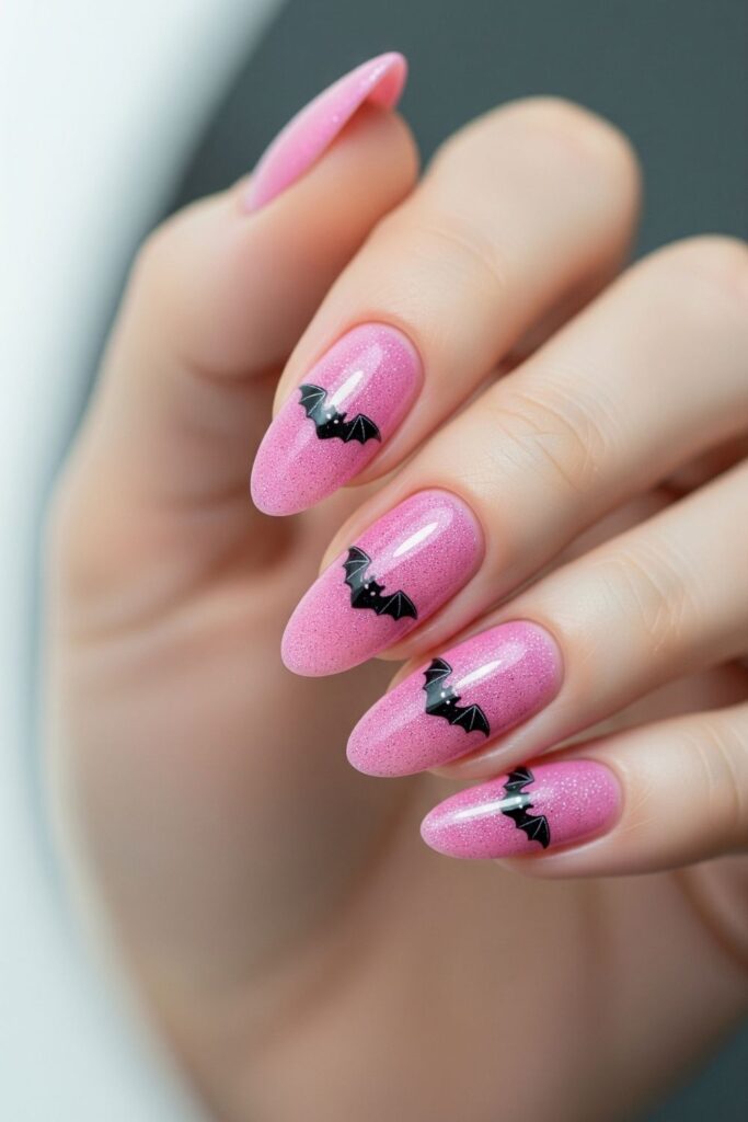 Pink Glitter Bat Nails