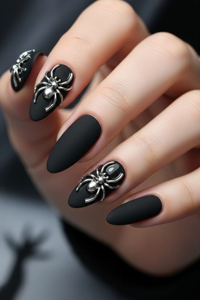 Black Almond Nails with Spider Charms