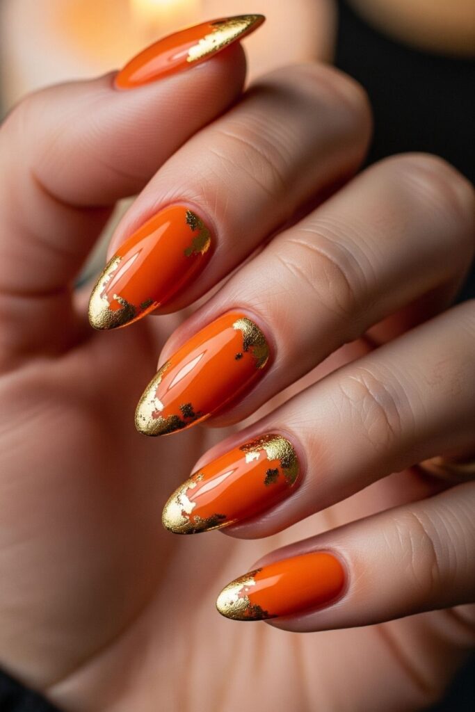 Orange and Gold Foil Nails