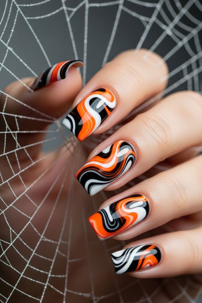 Orange Marble Halloween Nails