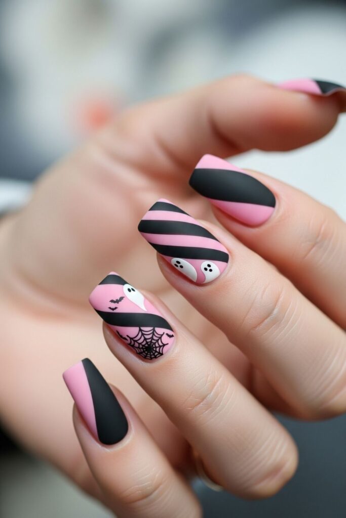 Matte Pink and Black Stripe Nails