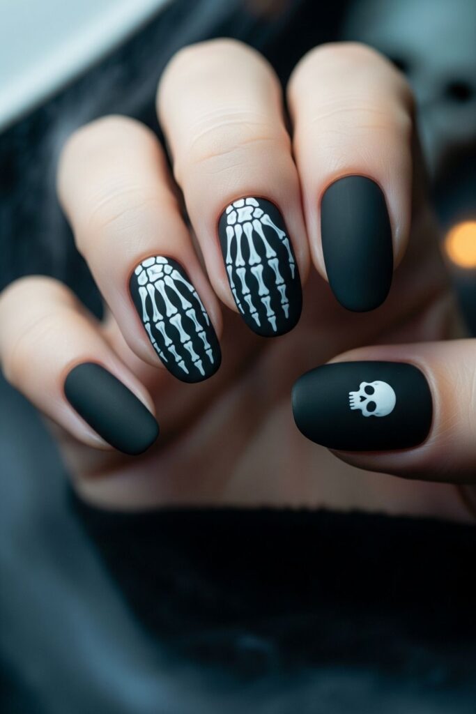 Black Nails with White Skeleton Hands