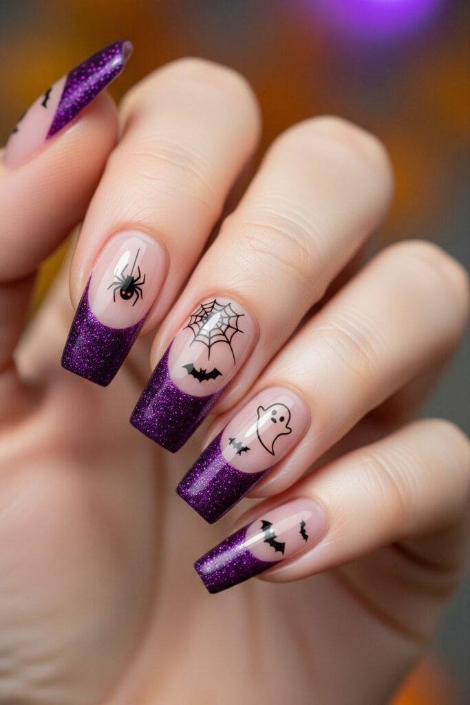 Glittery Purple French Tip Nails