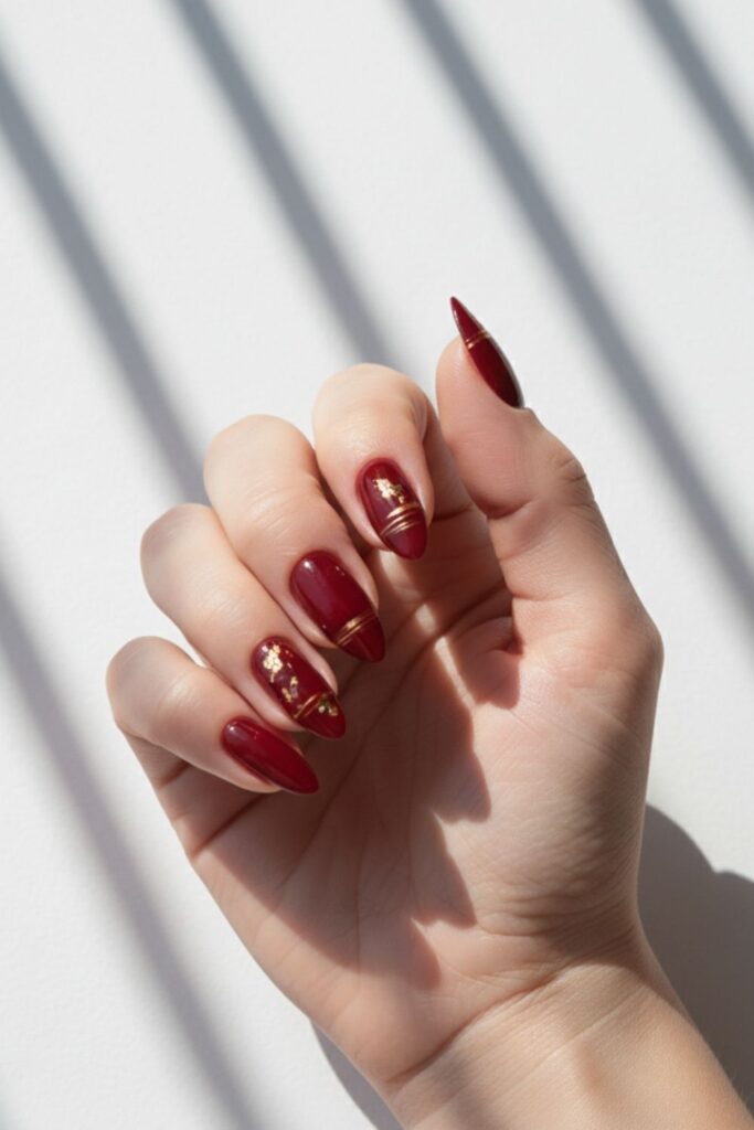 Classic Red with Gold Accent Nails
