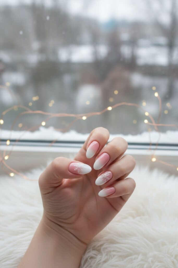 Soft Blush Ombre with White Snowflakes Nails