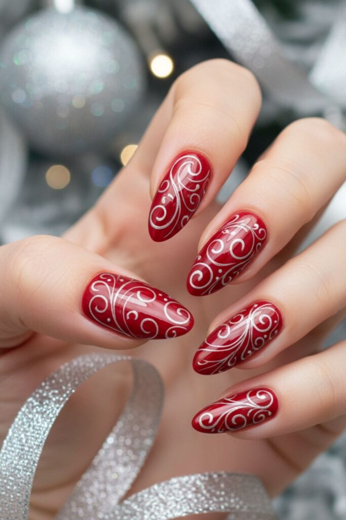 Red and Silver Swirl Nails