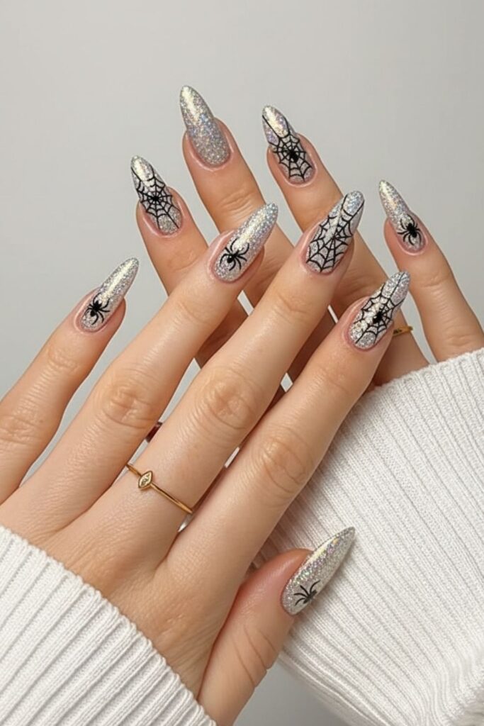 Glittery Spider Nails