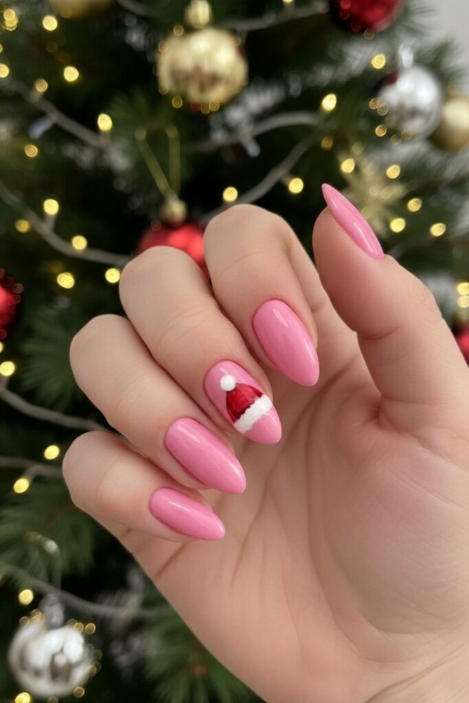 Pink with Tiny Santa Hat Accent Nails