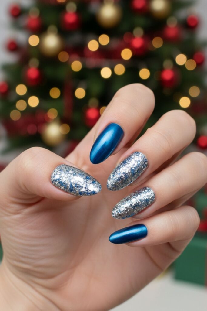 Navy Blue with Silver Foil Nails