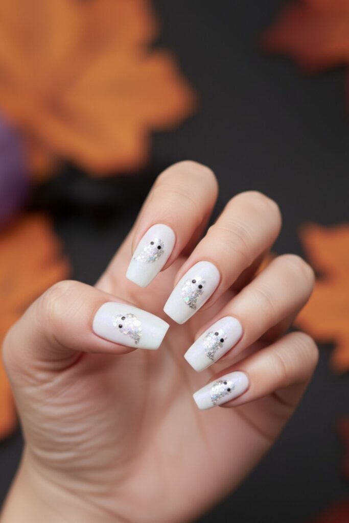 White Glitter Ghost Nails