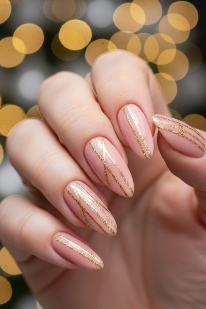 Pink with Gold Glitter Stripe Nails