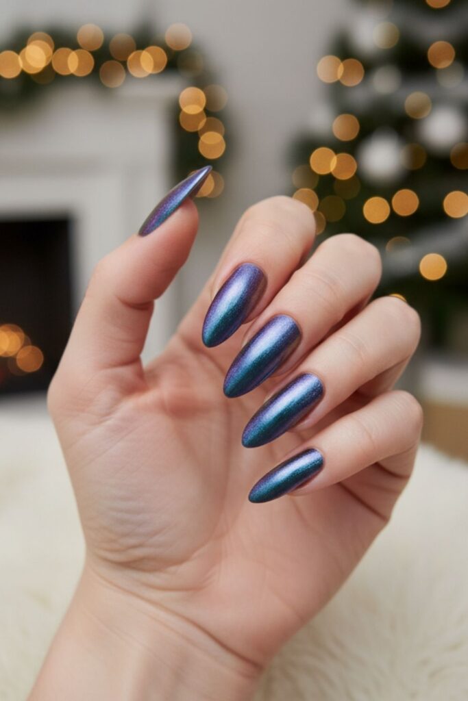 Blue Glitter Half Moon Nails