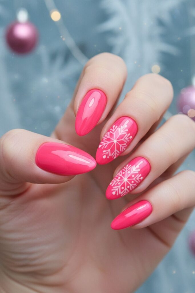 Neon Pink with White Snowflake Outline Nails