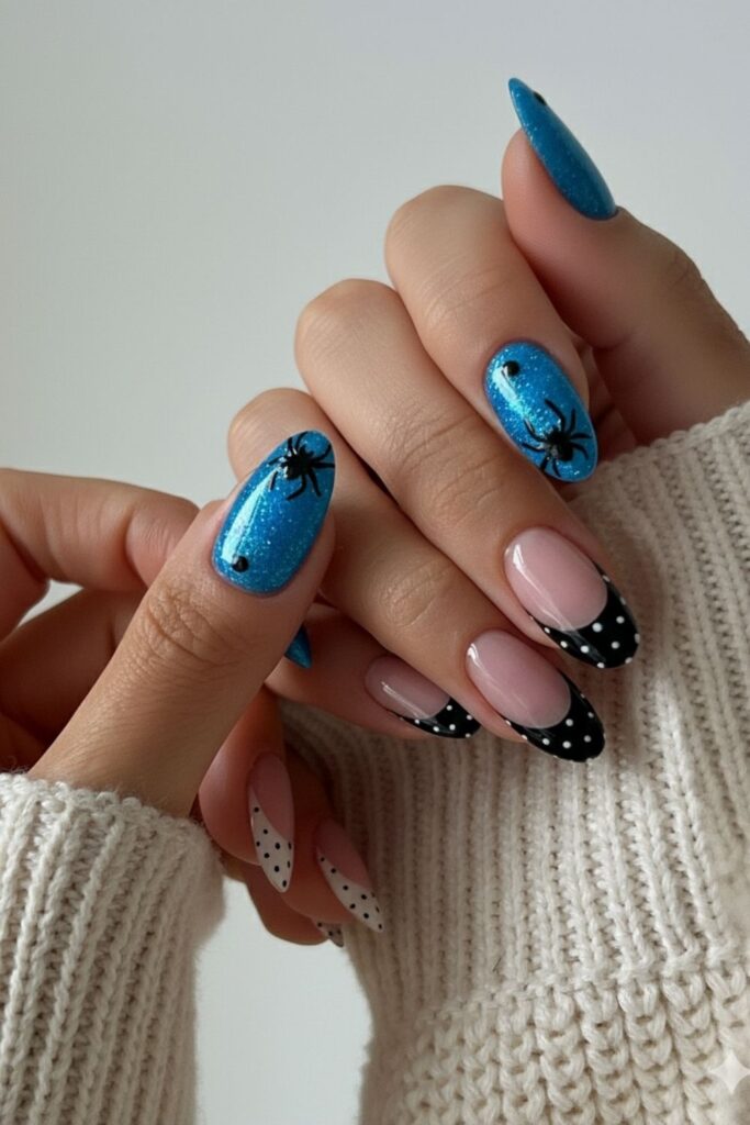 Blue Glitter Spider Accent Nails