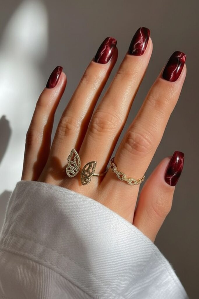 Dark Red Marble Nails