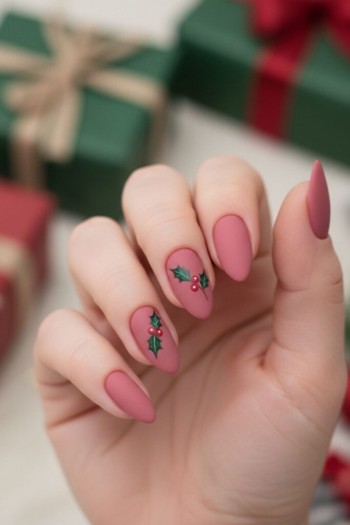 Dusty Rose with Mini Holly Berries Nails