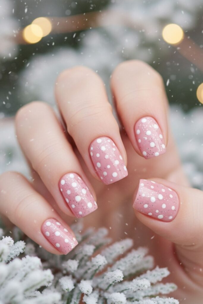 Blush Pink with White Polka Dots & Glitter Nails