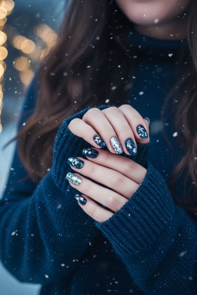 Glittering Midnight Blue Nails