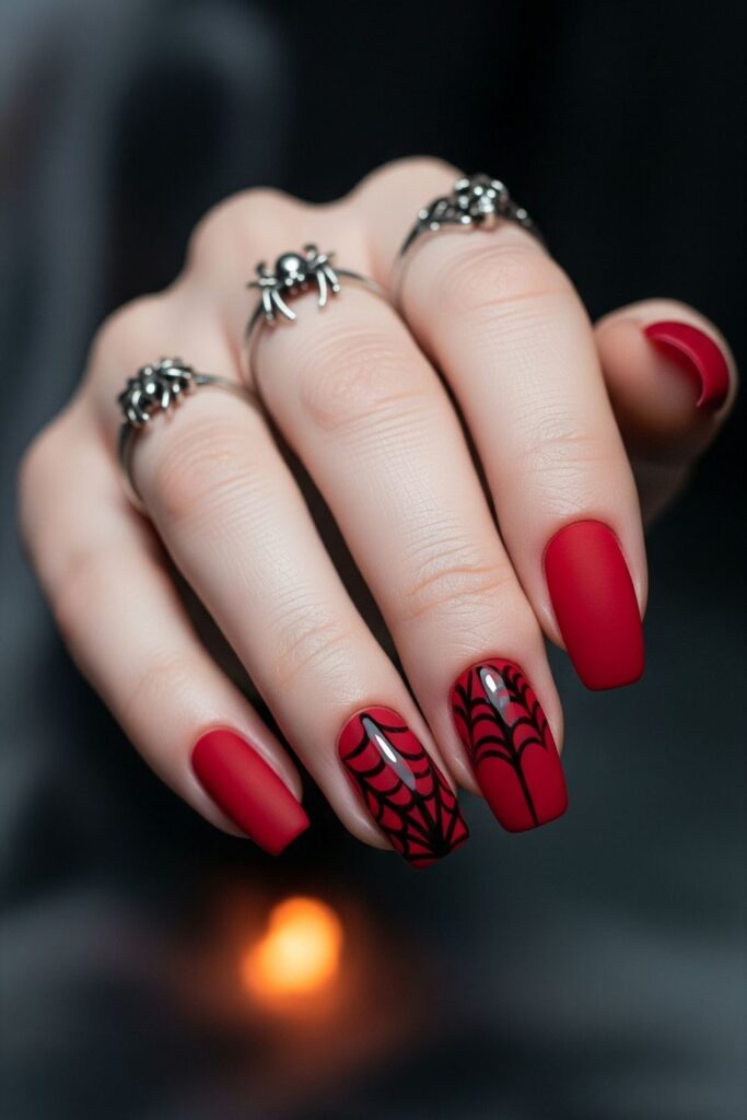 Matte Red with Black Accent Nails