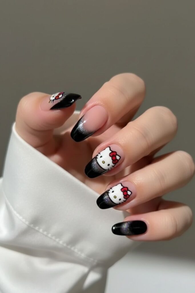Gothic Hello Kitty French Tip Nails