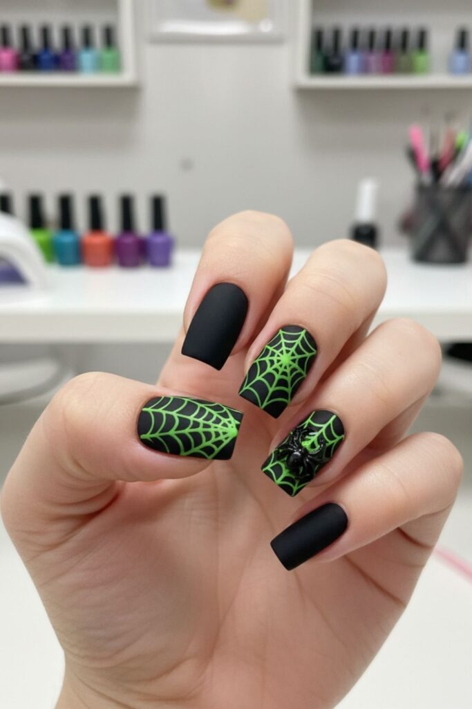 Spider Web Green Nails
