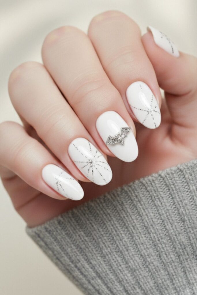 White and Silver Glitter Glow Nails