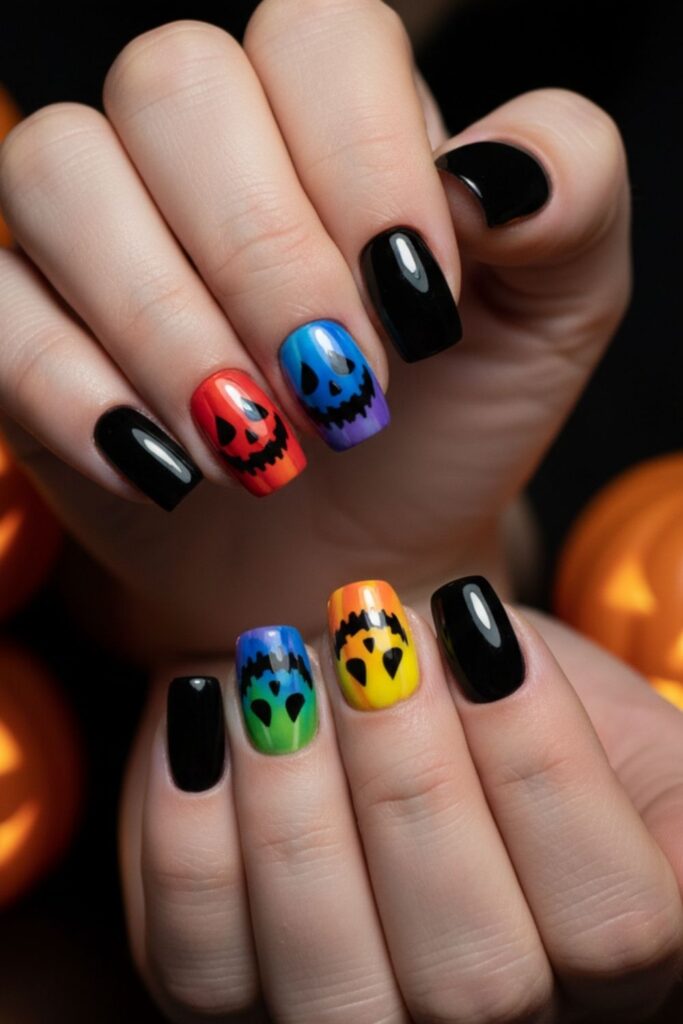 Jack-o’-Lantern Rainbow Nails