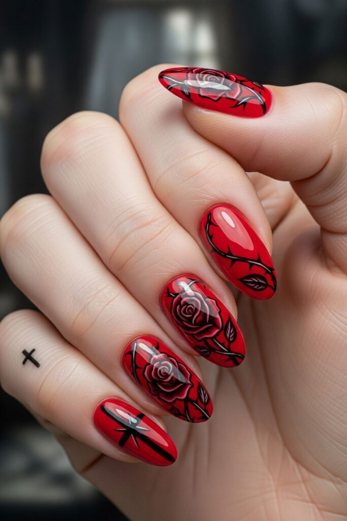 Gothic Red Rose Nails