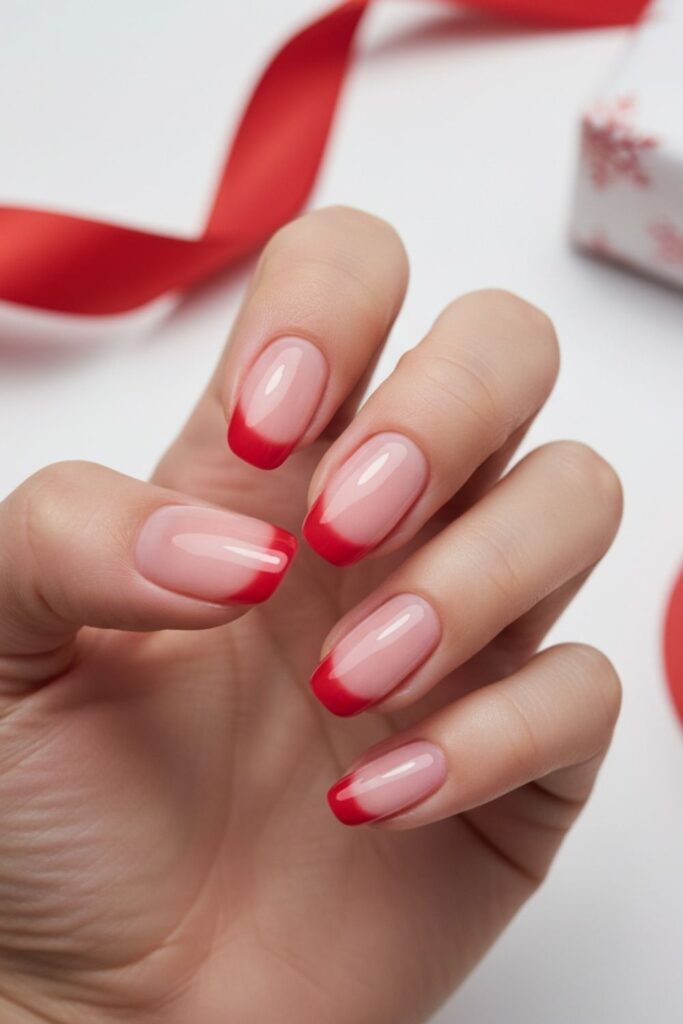 Sheer Pink with Red Tip Nails