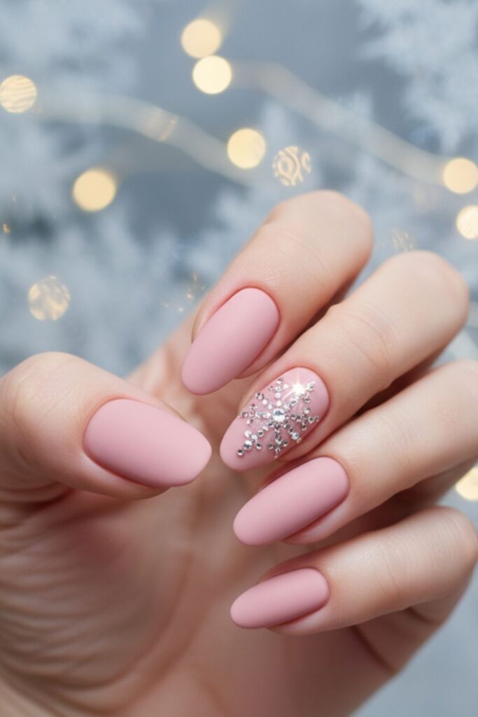 Blush Pink with Rhinestone Snowflake Nails