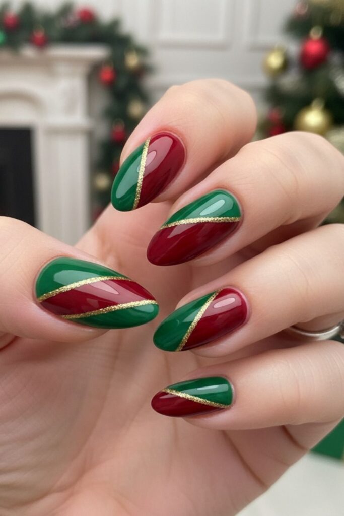 Red & Green Diagonal Stripe Nails