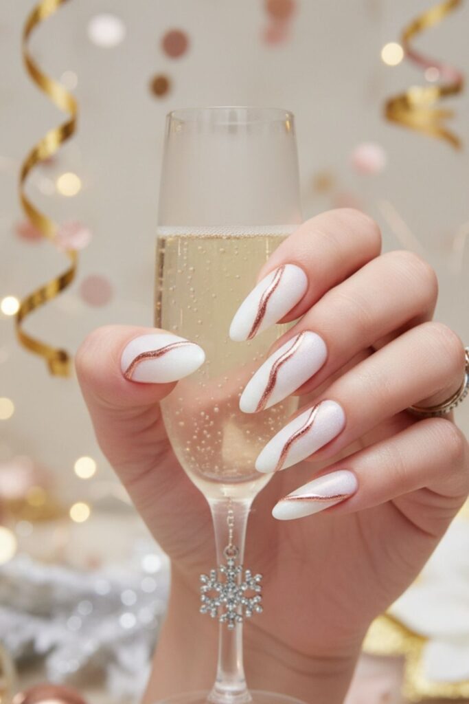 Icy White with Rose Gold Accent Nails