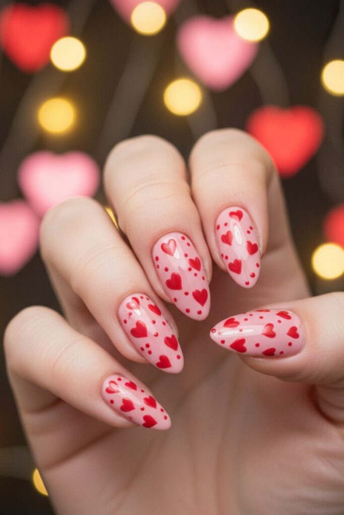 Red Heart Dots on Blush Pink