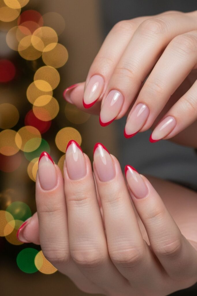 Nude Almond with Red Tip Nails