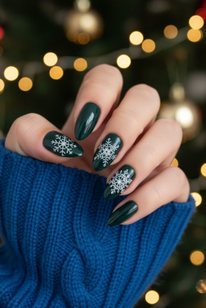 Dark Pine with Matte Snowflake Nails