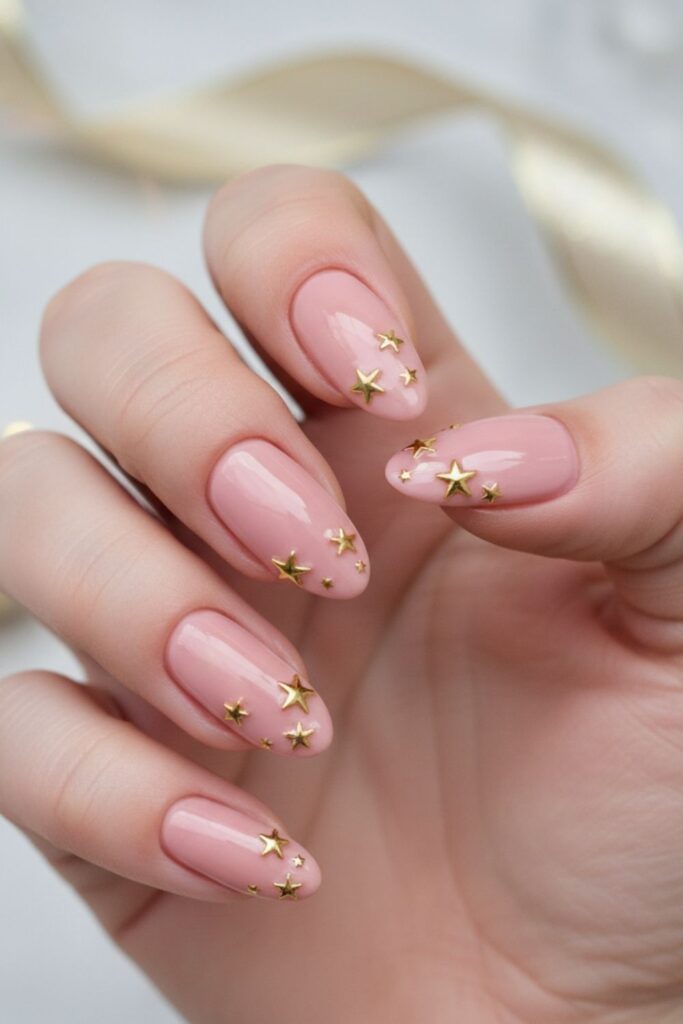 Blush Pink Almond with Gold Star Charm Nails