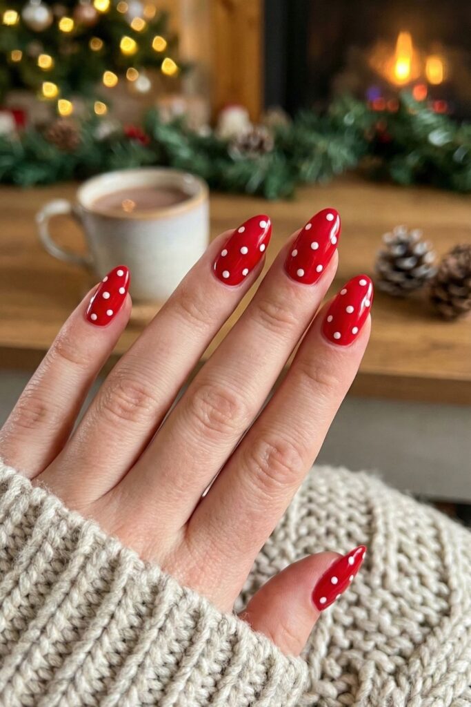 White Swiss Dots on Red Nails