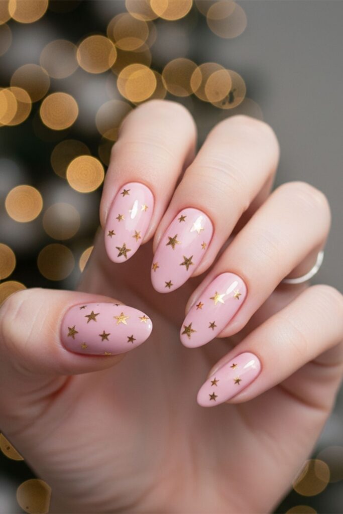 Soft Pink with Tiny Gold Stars Nails