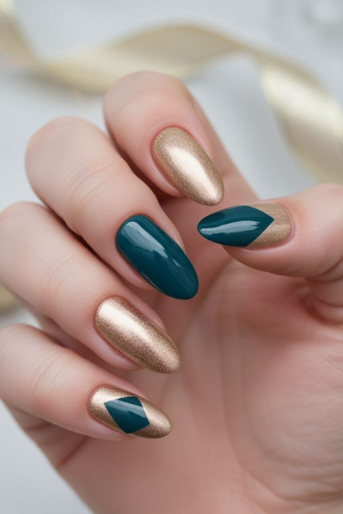 Dark Teal Almond with Champagne Accent Nails