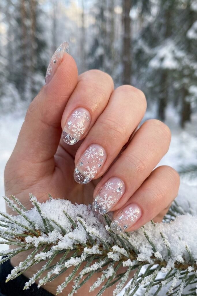 Clear Gel with Embedded Snowflakes Nails
