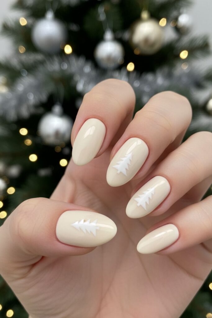 Classic Almond with White Christmas Tree Silhouette Nails