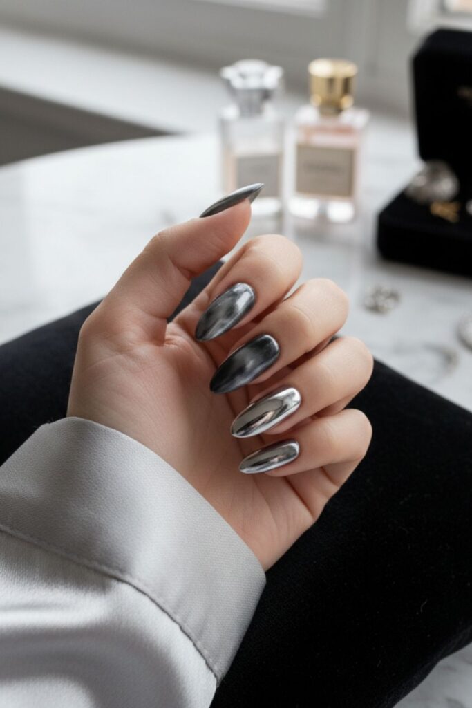 Smokey Silver with Mirror Chrome Nails