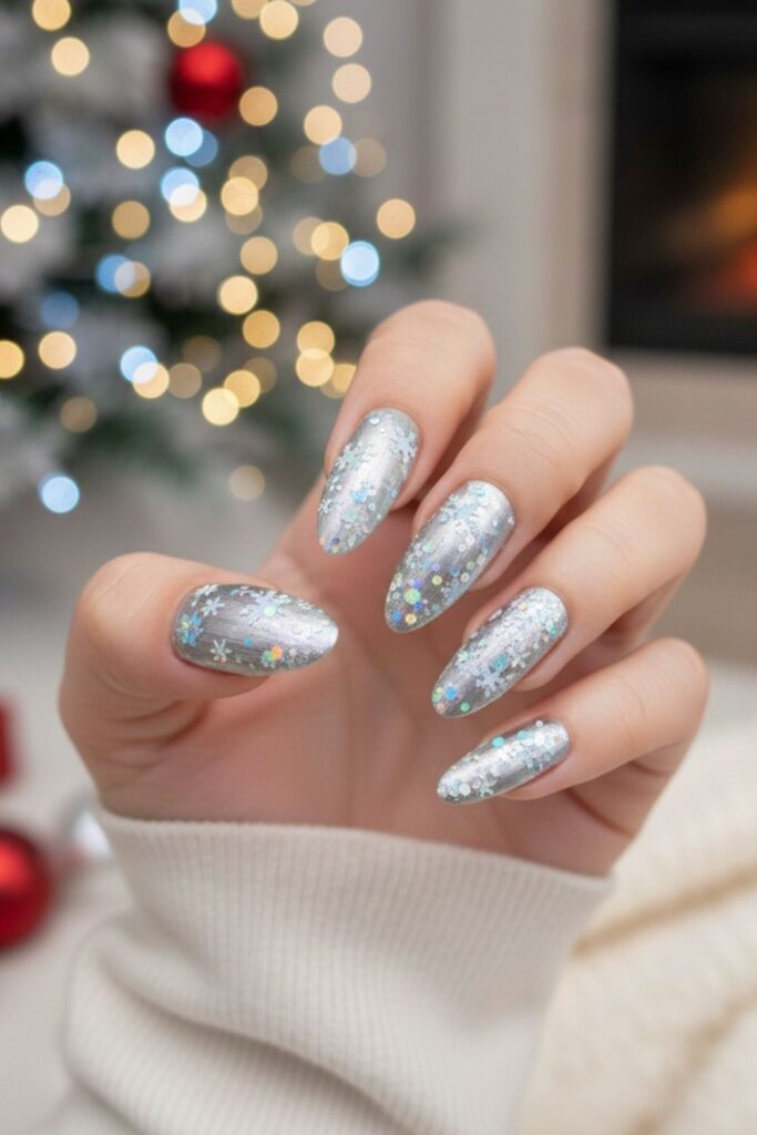 Metallic Silver & Holographic Snowfall Nails