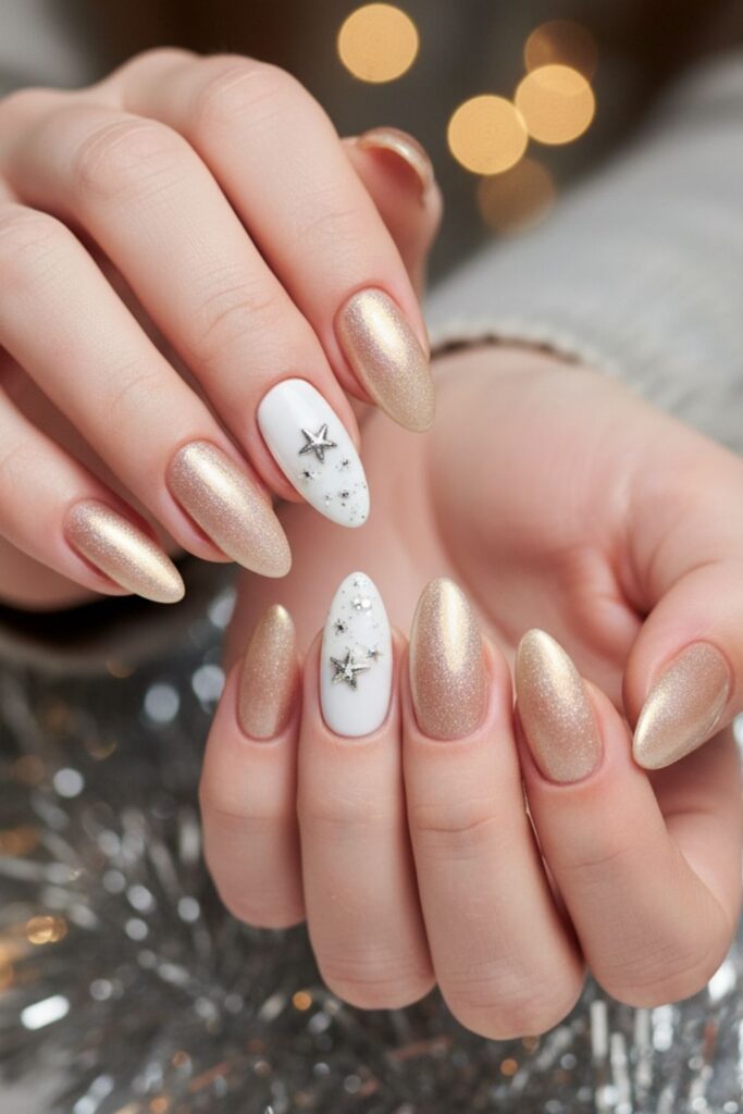 Champagne & Snow White Almond Nails