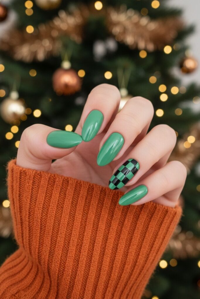 Jade Green Checkerboard Accent Nails