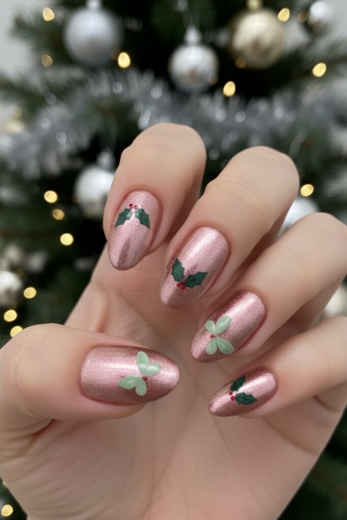 Metallic Rose Gold Almond with Holly Butterflie Nails