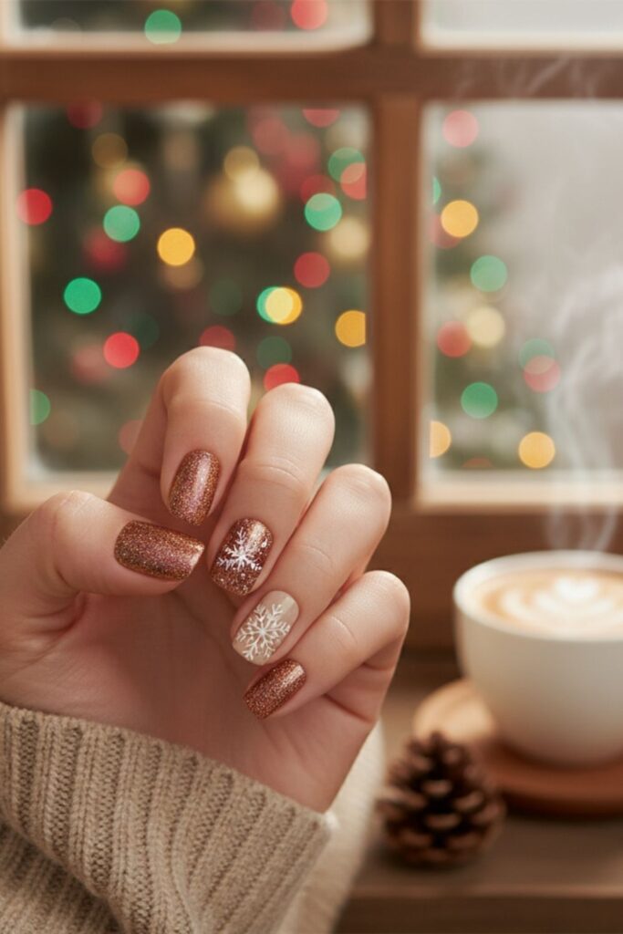 Cinnamon Latte with White Snowflake Detail Nails