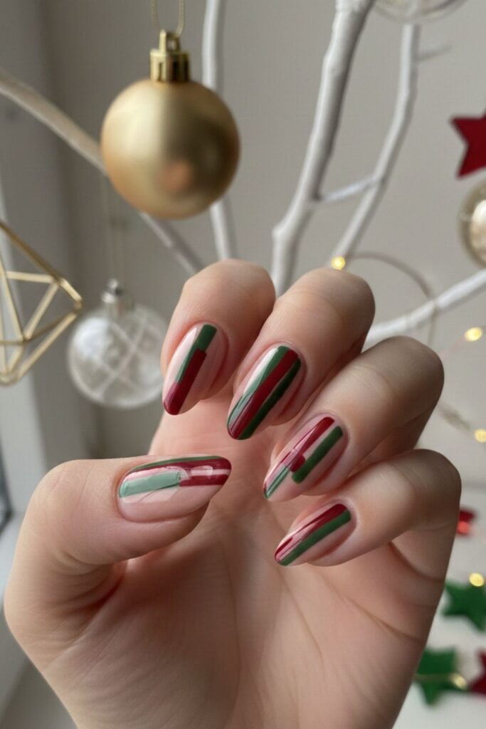Nude Base with Red & Green Abstract Stripes Nails